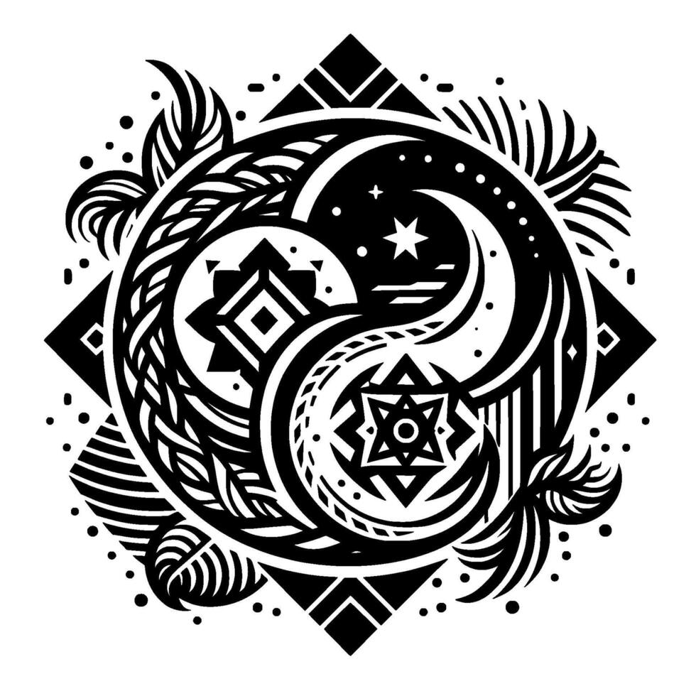 Intricate black and white tribalinspired artwork featuring crescent moons, stars, stylized floral elements, and geometric shapes within a circular . vector