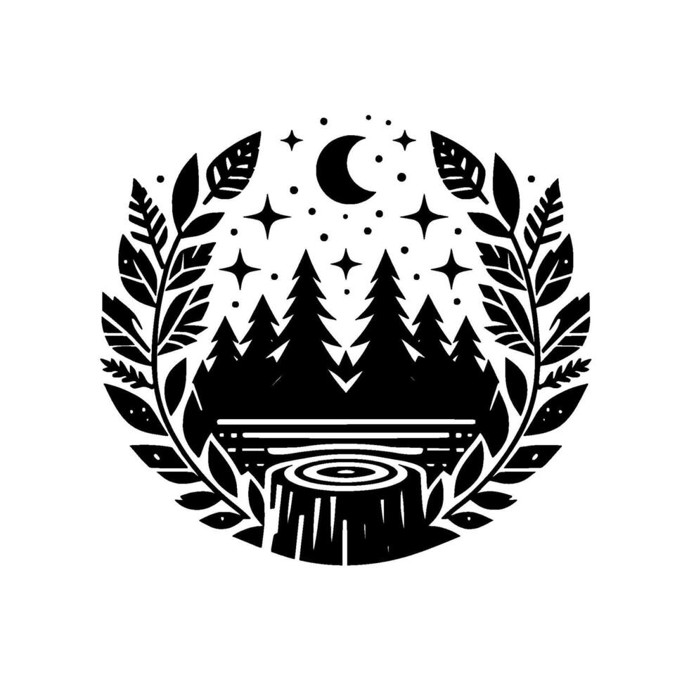 Black and White Circular Illustration of a Forest Scene Under a Crescent Moon and Stars, Framed by Laurel Wreath. vector