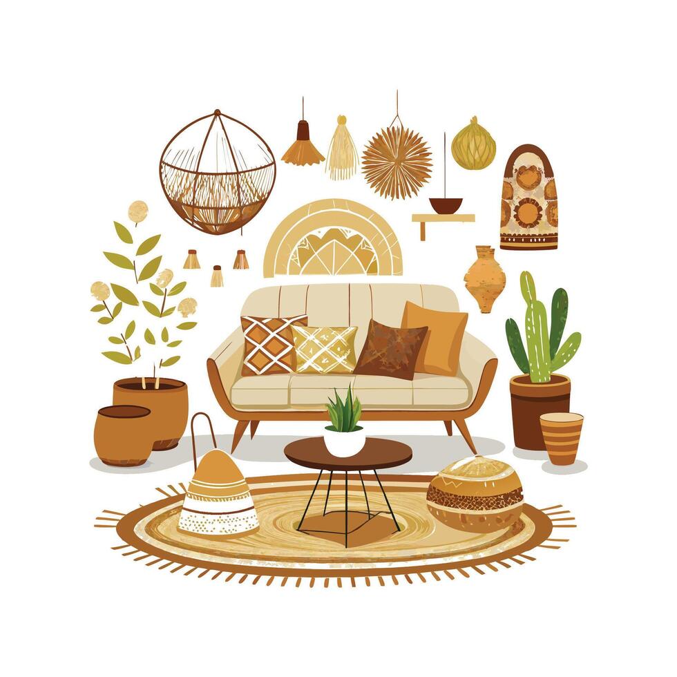 Boho Chic Interior Elements for Stylish Designs vector
