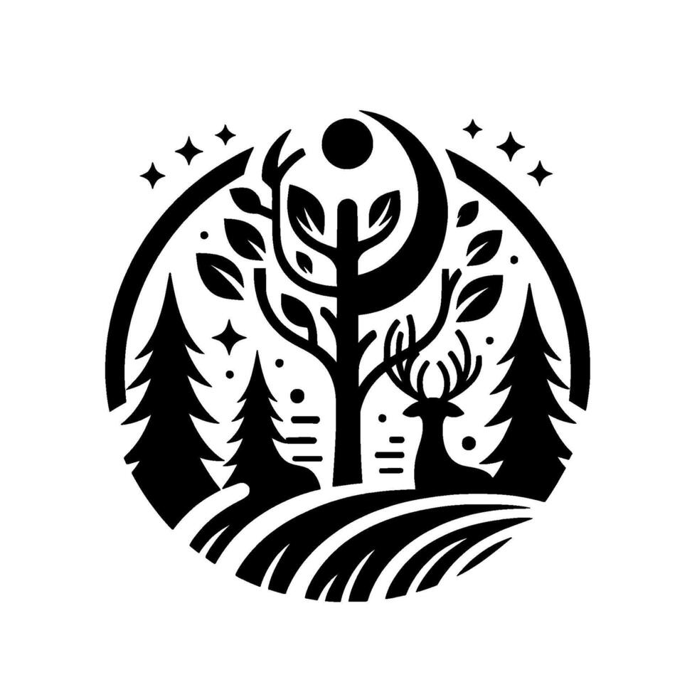 Silhouette of a deer in a serene woodland scene, with moon, stars, trees and a central stylized tree within a circle frame. vector