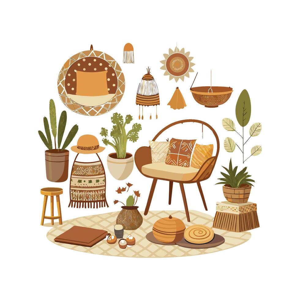 Stylish Boho Chic Elements for Interior Icons vector