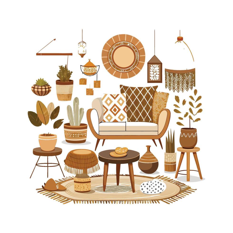 Unique Boho Chic Interior Elements Illustrations vector