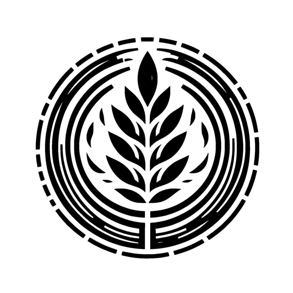 Abstract Black and White Circular Emblem Depicting a Leafy Plant in the Center, with a Symbolic . vector