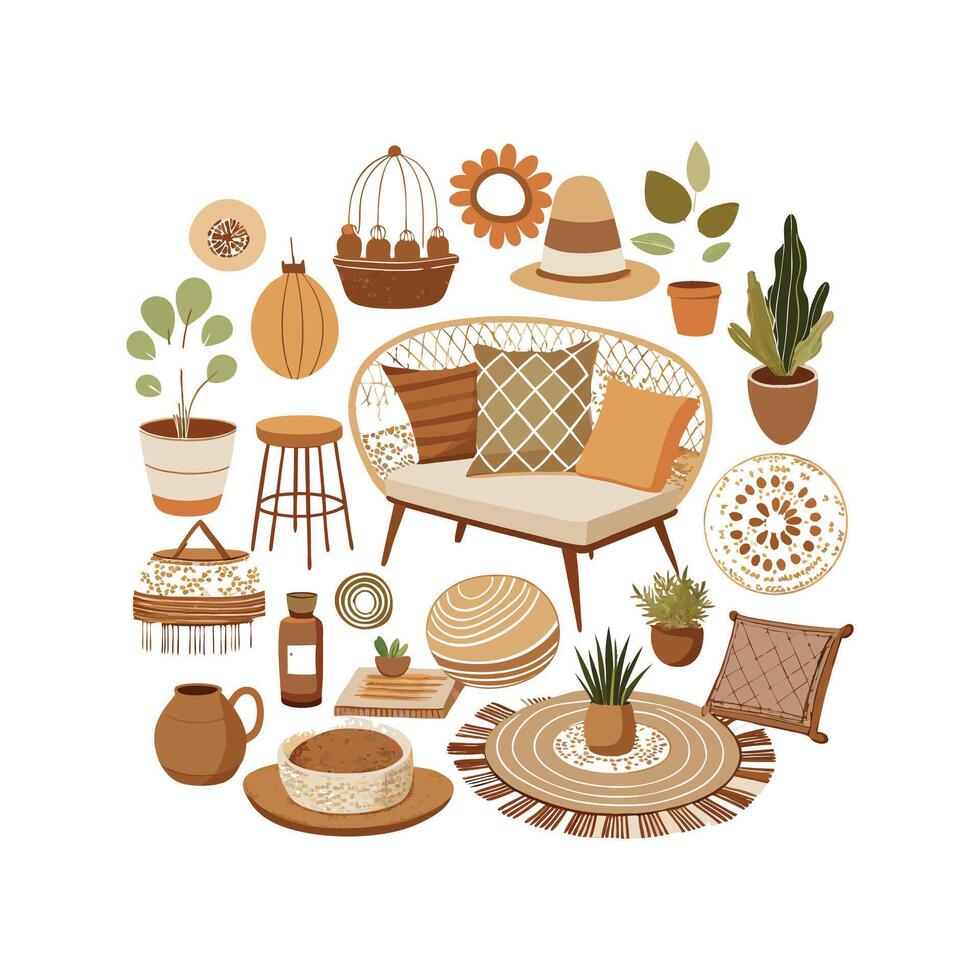 Stylized Boho Chic Elements for Interiors vector