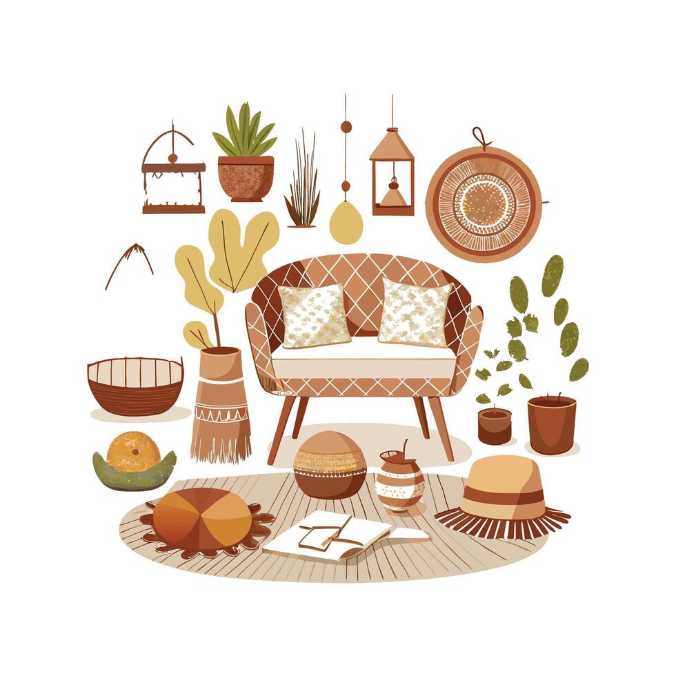Stylish Icons for Boho Chic Interior Elements vector
