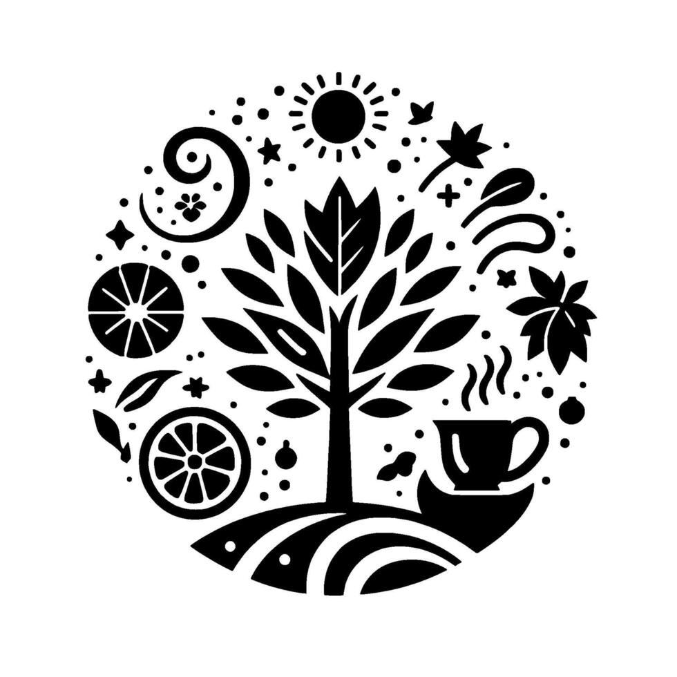 Black and white circular illustration of a tree with surrounding natural elements, sun, tea cup, and seasonal foliage. vector