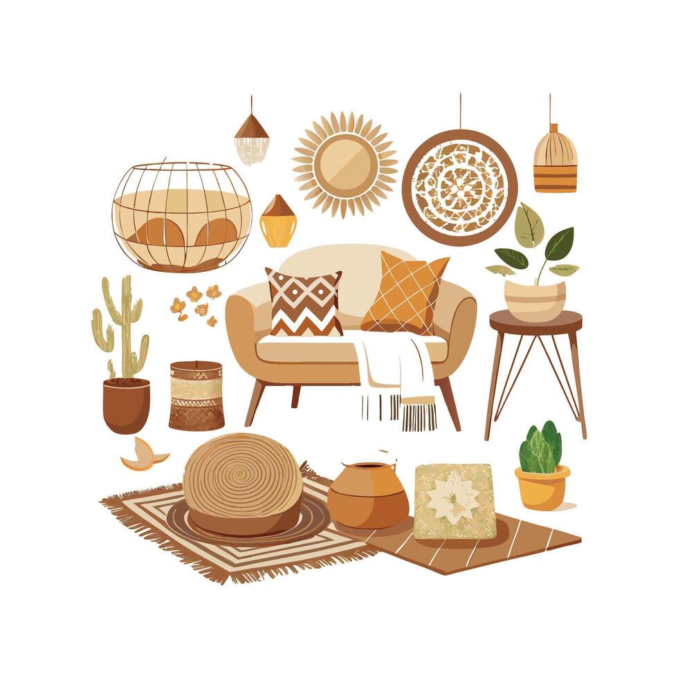 Stylized Boho Chic Elements for Modern Interiors vector