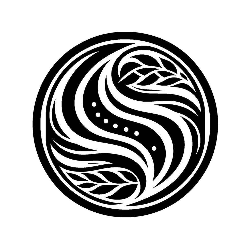 Circular black and white decorative emblem featuring flowing lines, leaf motifs, and dot accents, symbolizing balance. vector