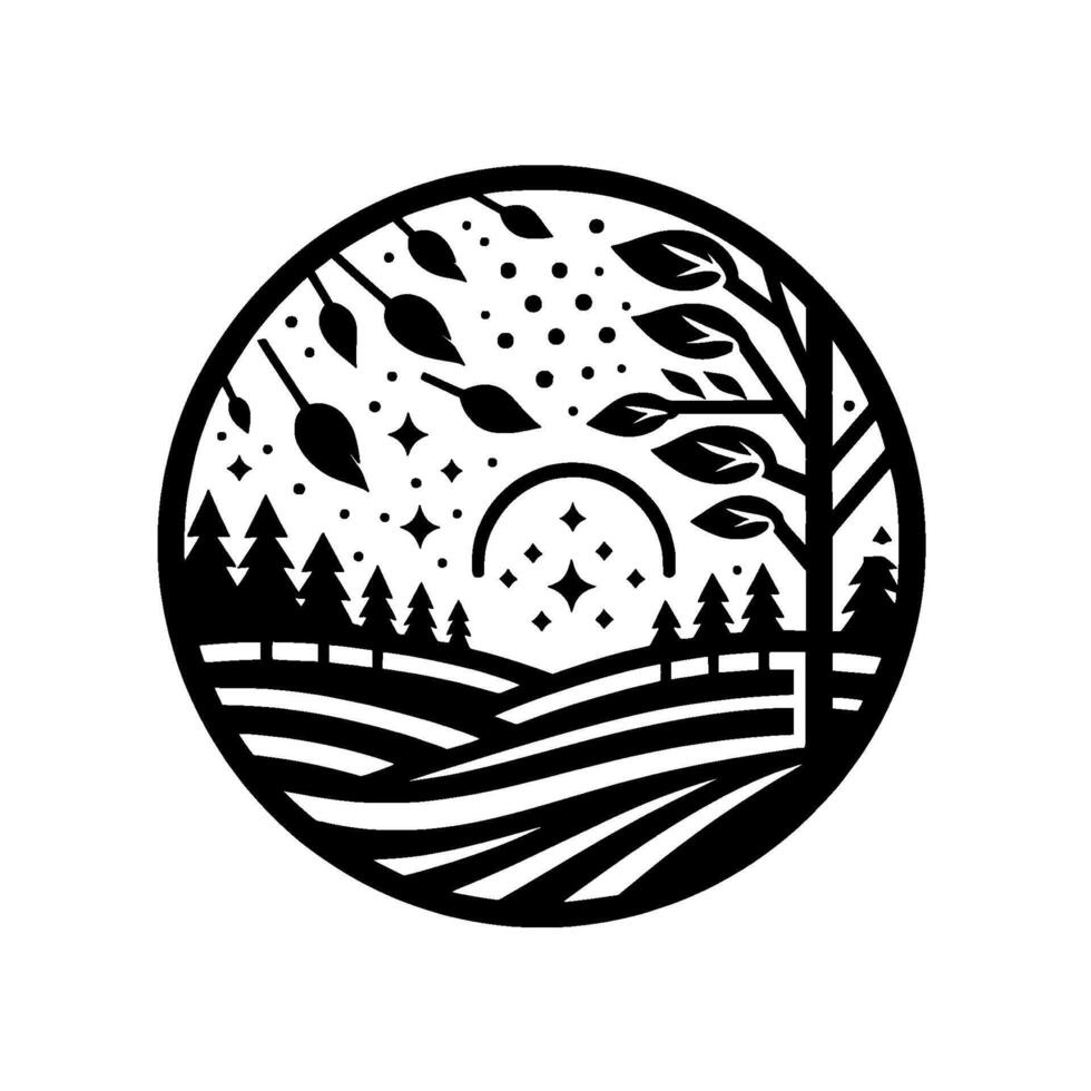 Black White Circular Silhouette Depicting a Landscape with Trees, Leaves, Stars, and a Curved Arch, evoking a sense of nature and serene beauty. vector