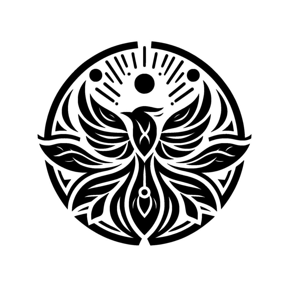 Circular Black and White Phoenix Emblem Stylized Bird with Outspread Wings, Ornamental , Floral Accents, and Radial Elements vector