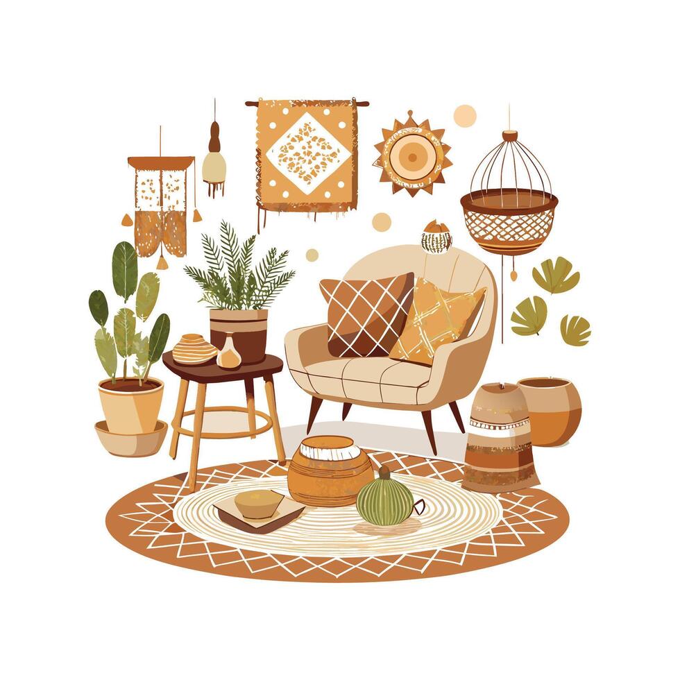 Illustrative Boho Chic Elements Icons for Interiors vector