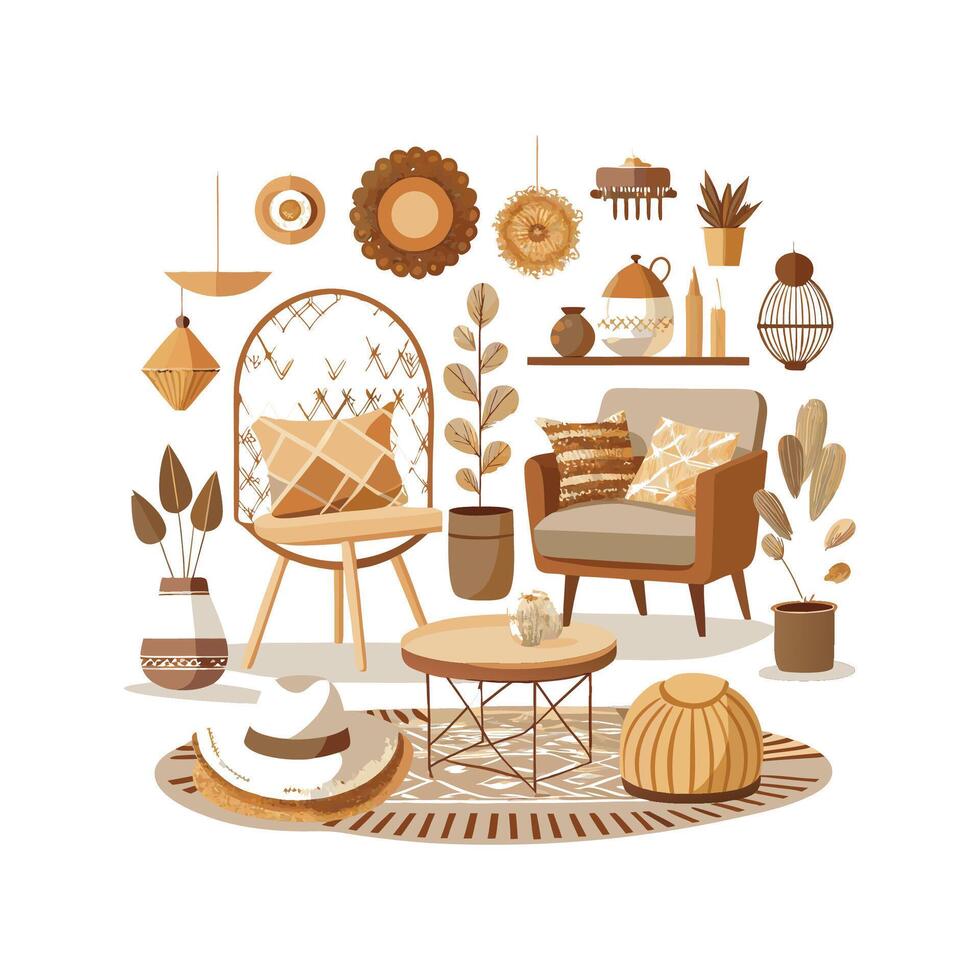 Artistic Icons of Boho Chic Interior Elements vector