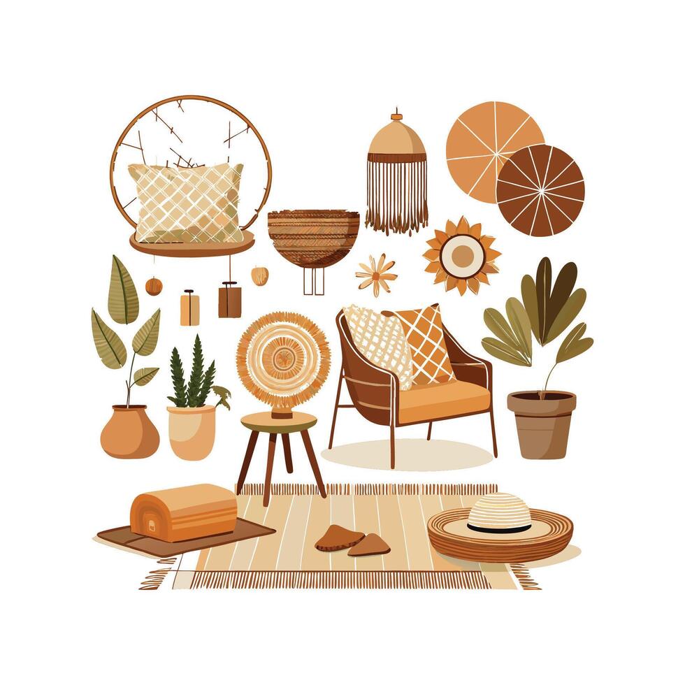 Stylish Boho Chic Interior Elements for Design vector