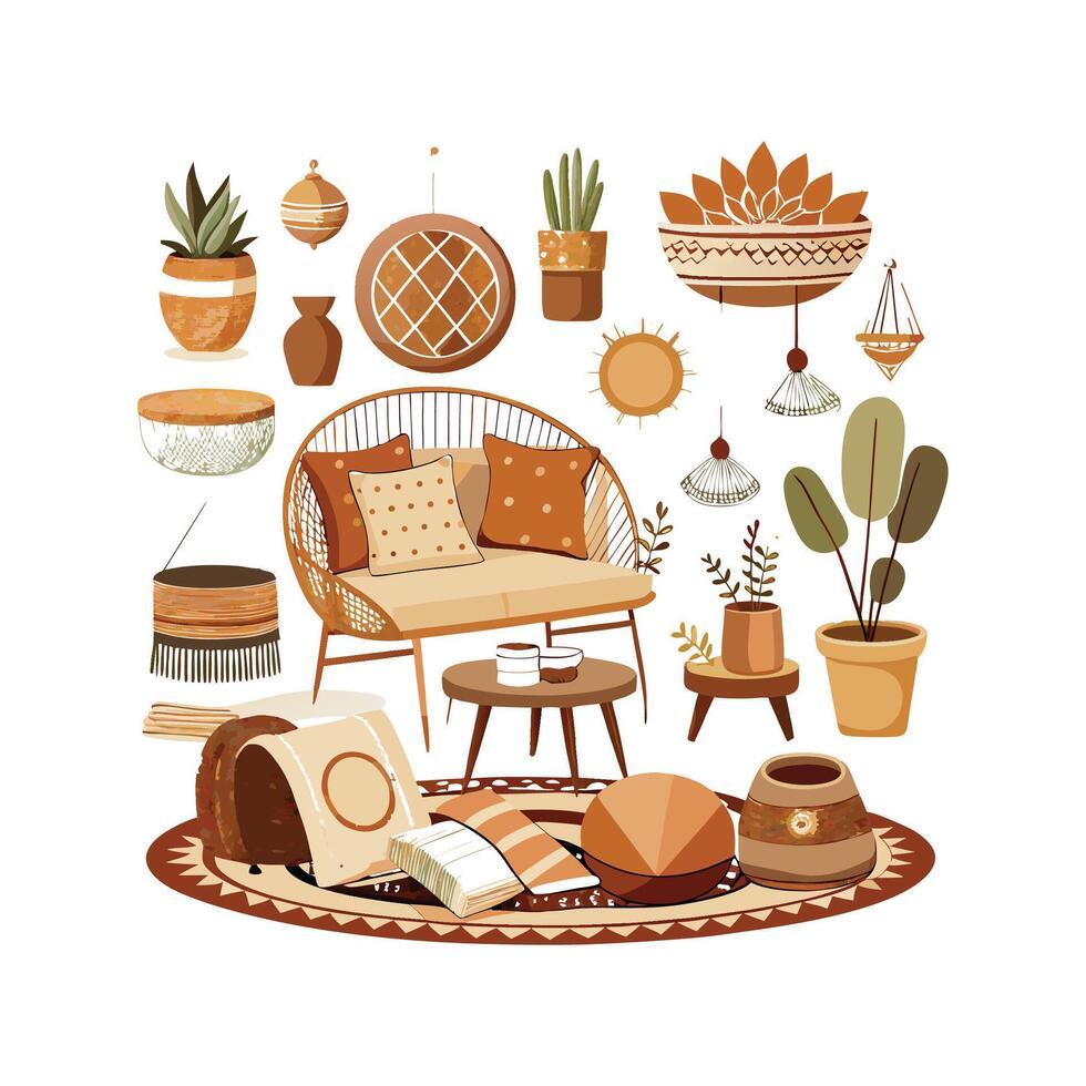 Artistic Boho Style Interior Icons Collection vector