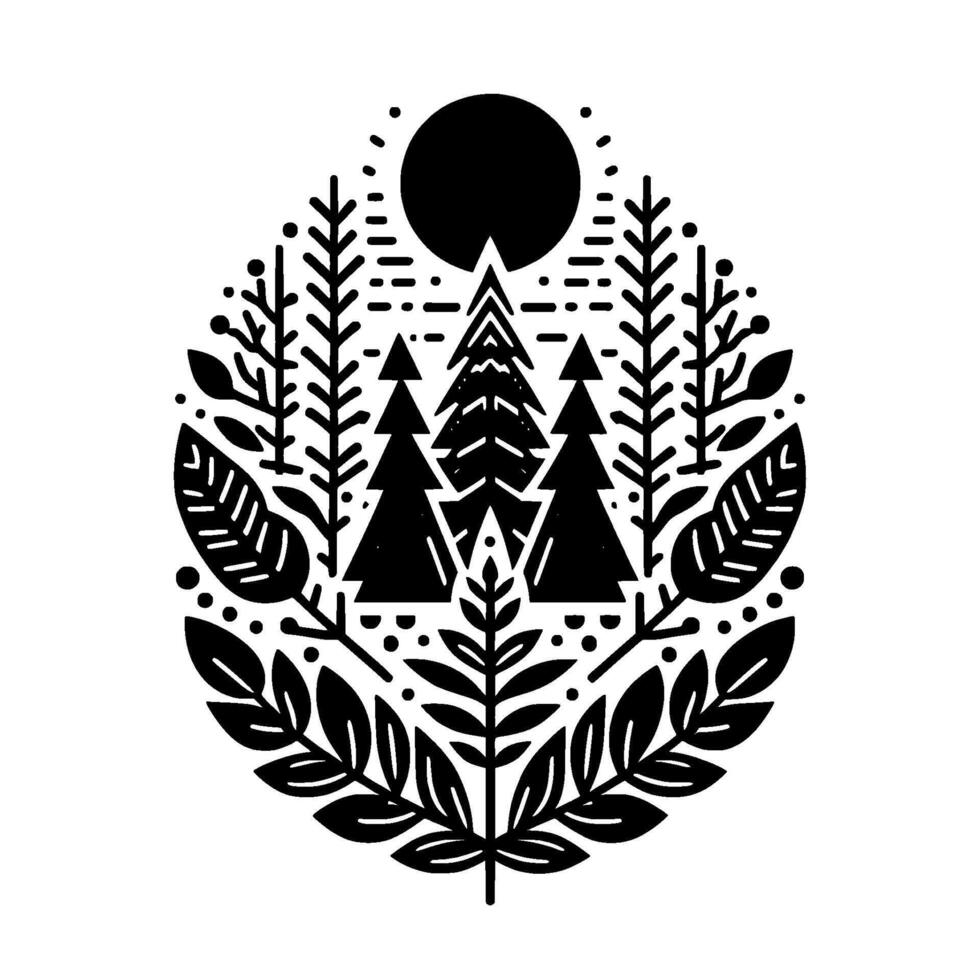 Minimalist, symmetrical forest with fir trees, sun, leaves, branches, and dots, in a black and white, circular composition. vector