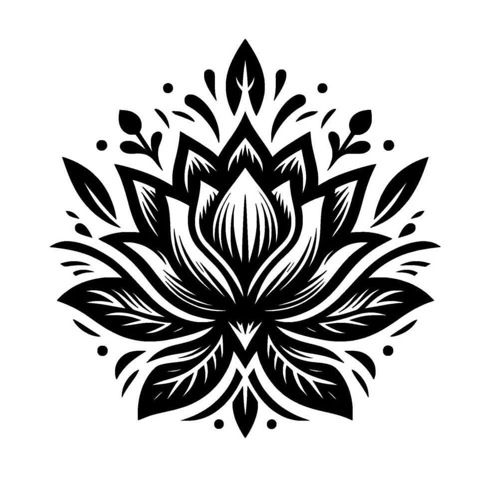 Elegant Black and White Lotus Mandala with Flourishes, Symmetry, and Botanical Elements. vector
