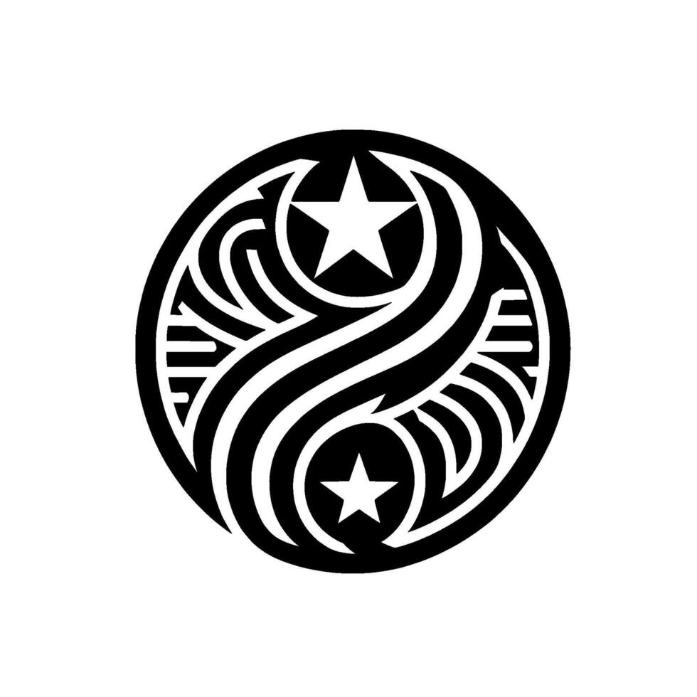 Black and white symmetrical circular emblem featuring a stylized yinyang with two stars incorporated within the flowing, organic patterns, on white. vector
