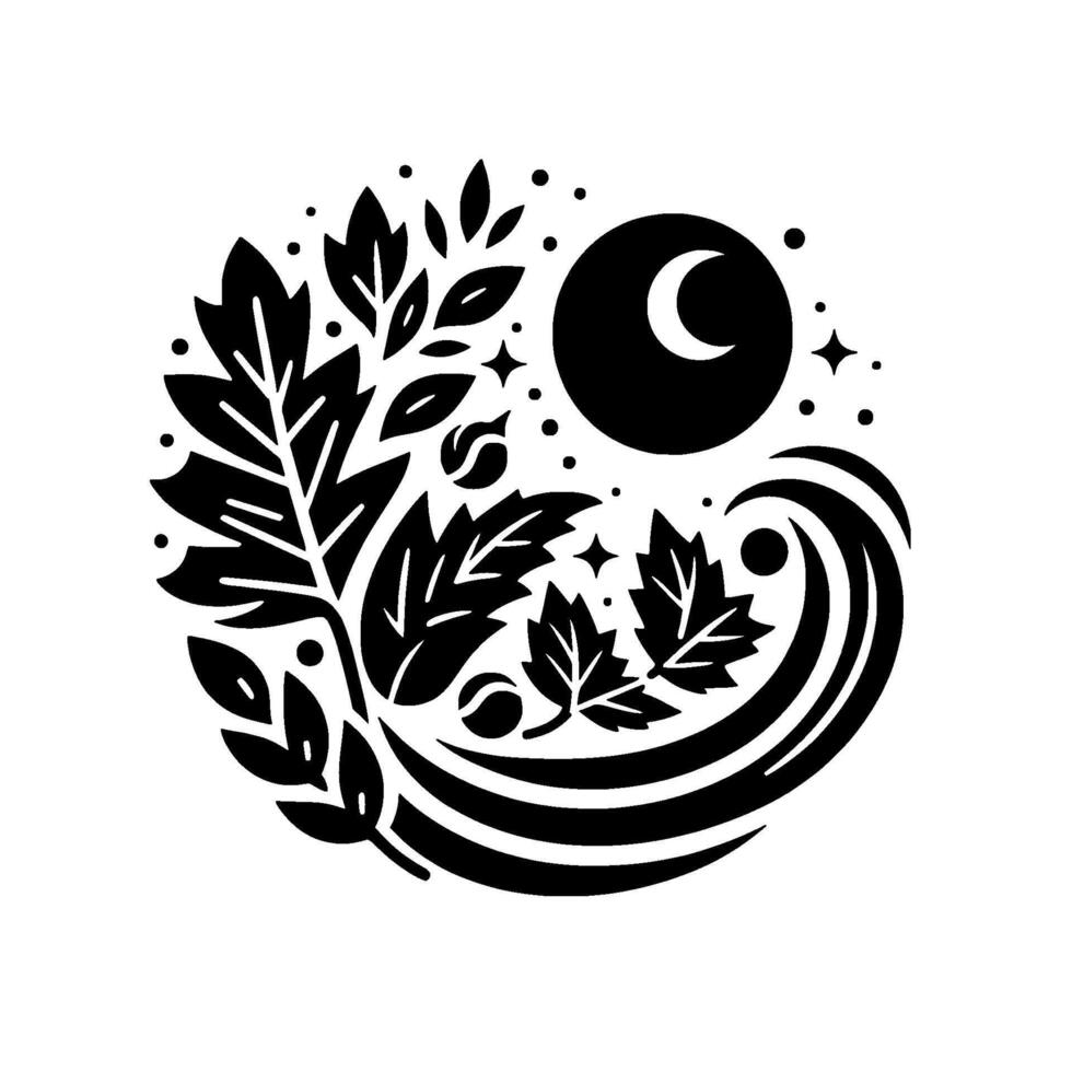 Black and White Circular Illustration Natures Embrace with Leaves, Moon, Stars, and Swirls, Symbolic of the Night and Growth. vector