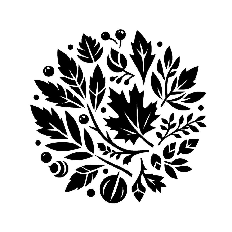 Circular Black and White Floral Arrangement Leaves, Berries, and Nuts in a Decorative Illustration. vector
