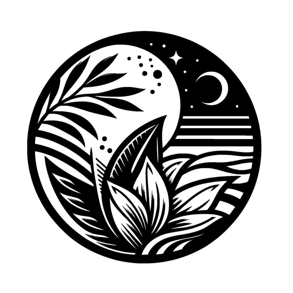 Circular Black and White Botanical Illustration featuring Palm Leaves, Large Foliage, a Crescent Moon, Stars, and Abstract Coastal Landscape. vector