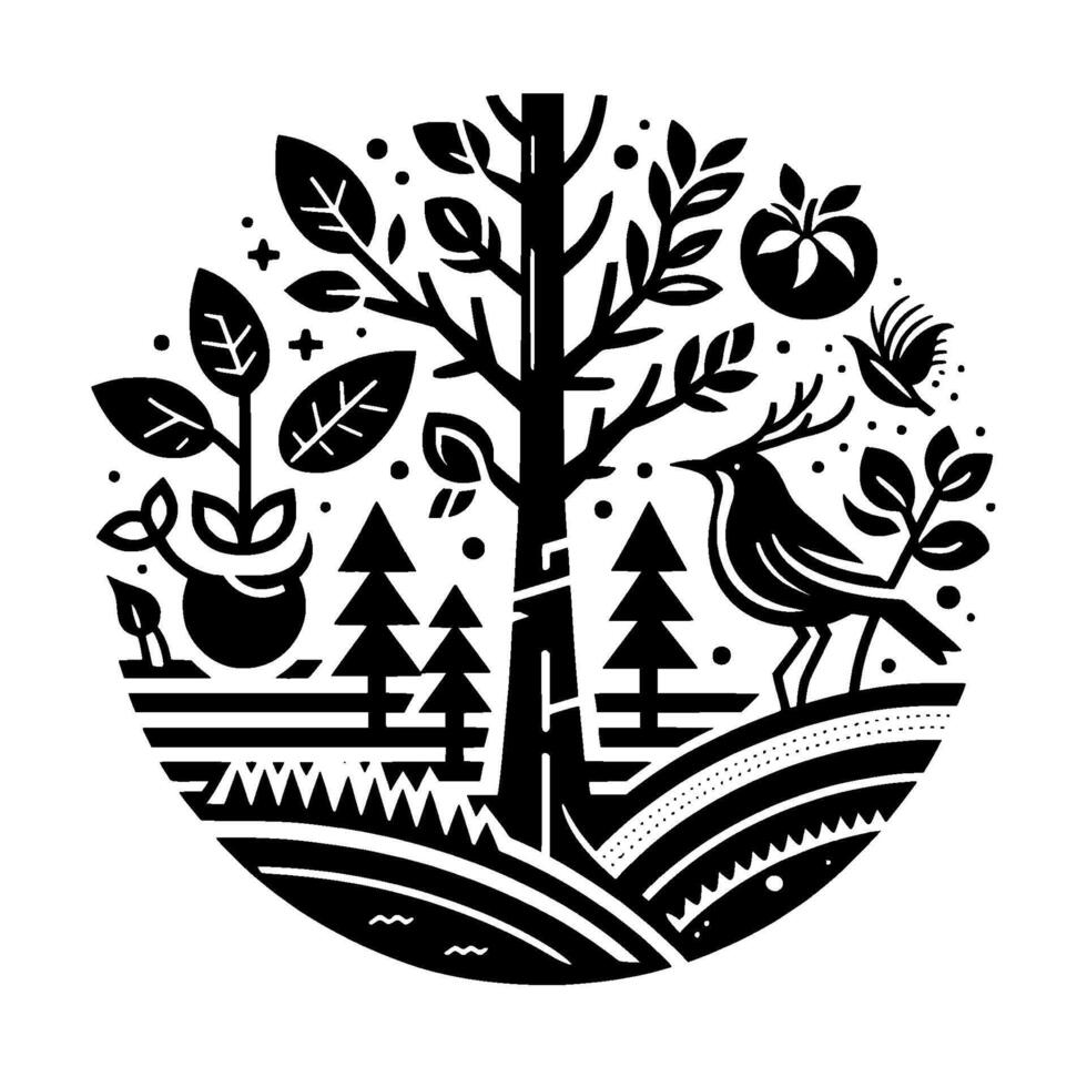 Stylized Black and White Nature Illustration Within a Circle Featuring Trees, Bird, Plants, Geometric Landscape. vector