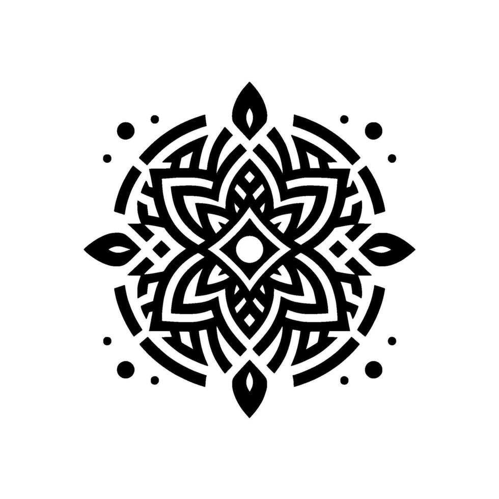 Symmetrical black and white mandala, geometric , concentric circles, and floral elements, on a white background, intricate and ornamental. vector