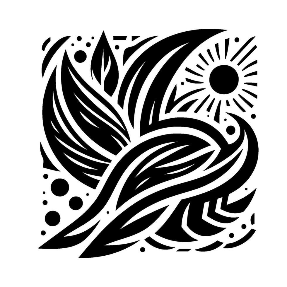 A stylized black and white illustration featuring a birdlike form interwoven with leaves, sunburst, and scattered dots. vector