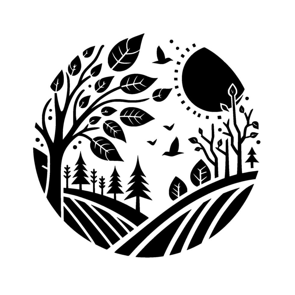 Stylized monochrome nature scene within a circle, featuring trees, birds, sun, fields, and abstract elements. vector