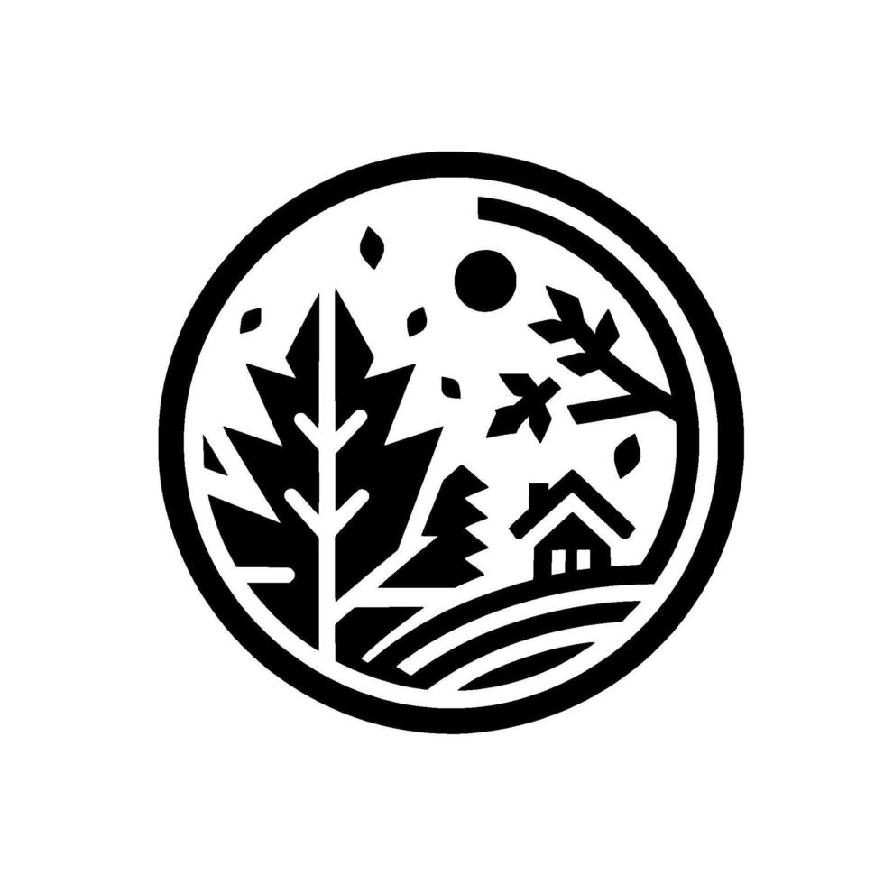 Minimalist Black and White Circular Illustration of Forest Landscape with Cabin, Trees, Leaves, and Sun, Evoking Tranquility. vector