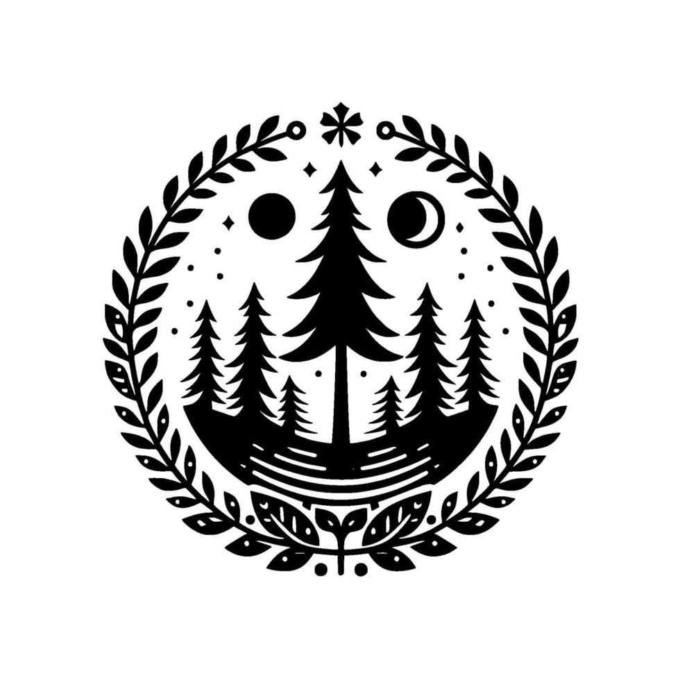 Black and white circular illustration of a forest scene encompassed by a laurel wreath, moons, stars, and a snowflake element. vector