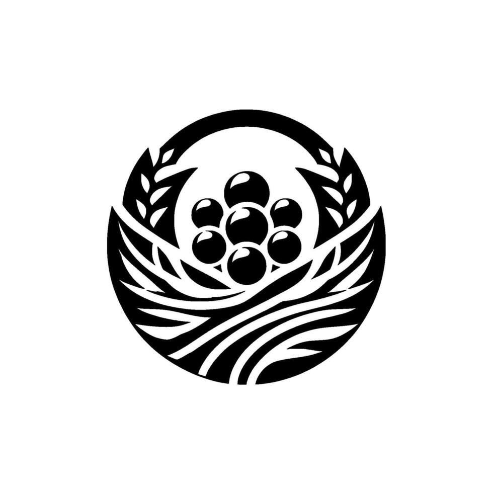 Stylized black and white circular emblem, featuring spherical objects resembling fruit nestled within layered leafgrain motifs, all enclosed within a ring. vector
