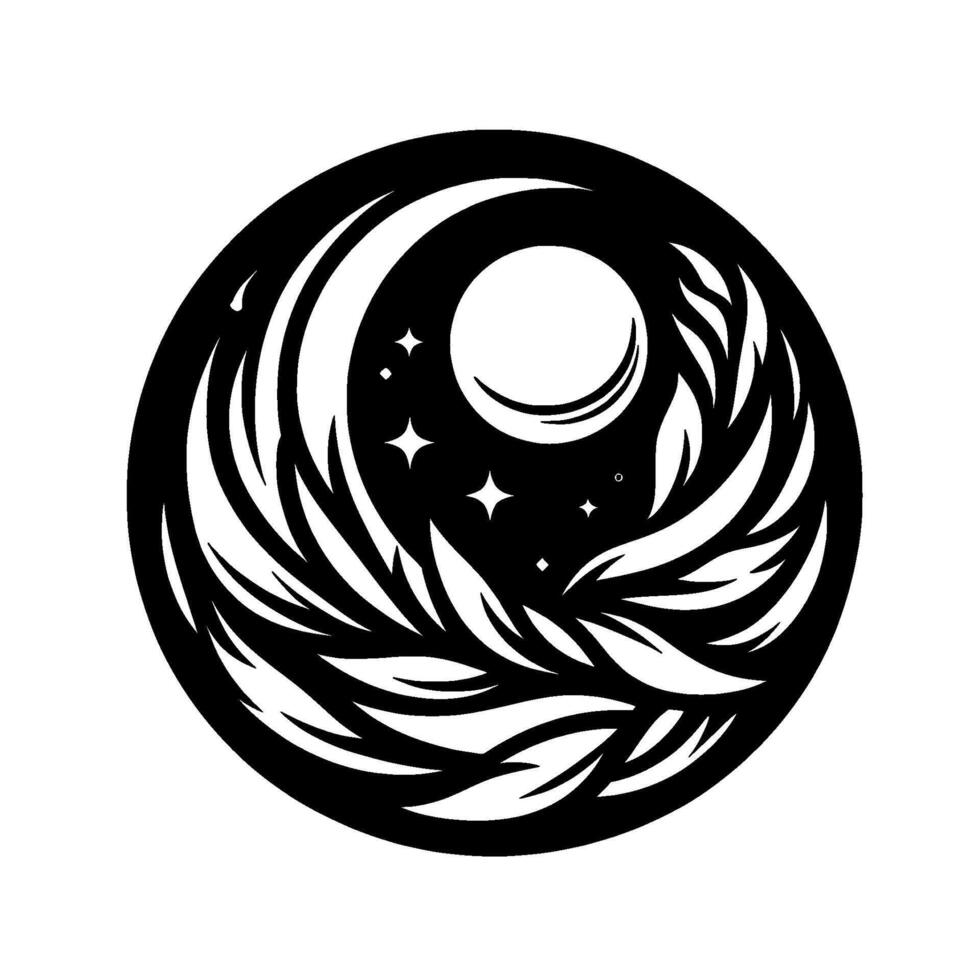 Celestial YinYang Circular black and white features a moonsun composition with a crescent and stars, surrounded by stylized wings. vector