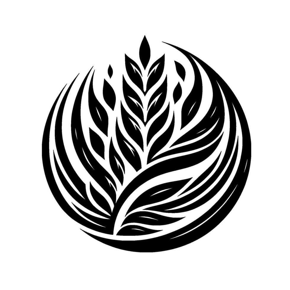 Black and white circular featuring stylized wheat or leaf motif, elegant and minimalist , natureinspired. vector
