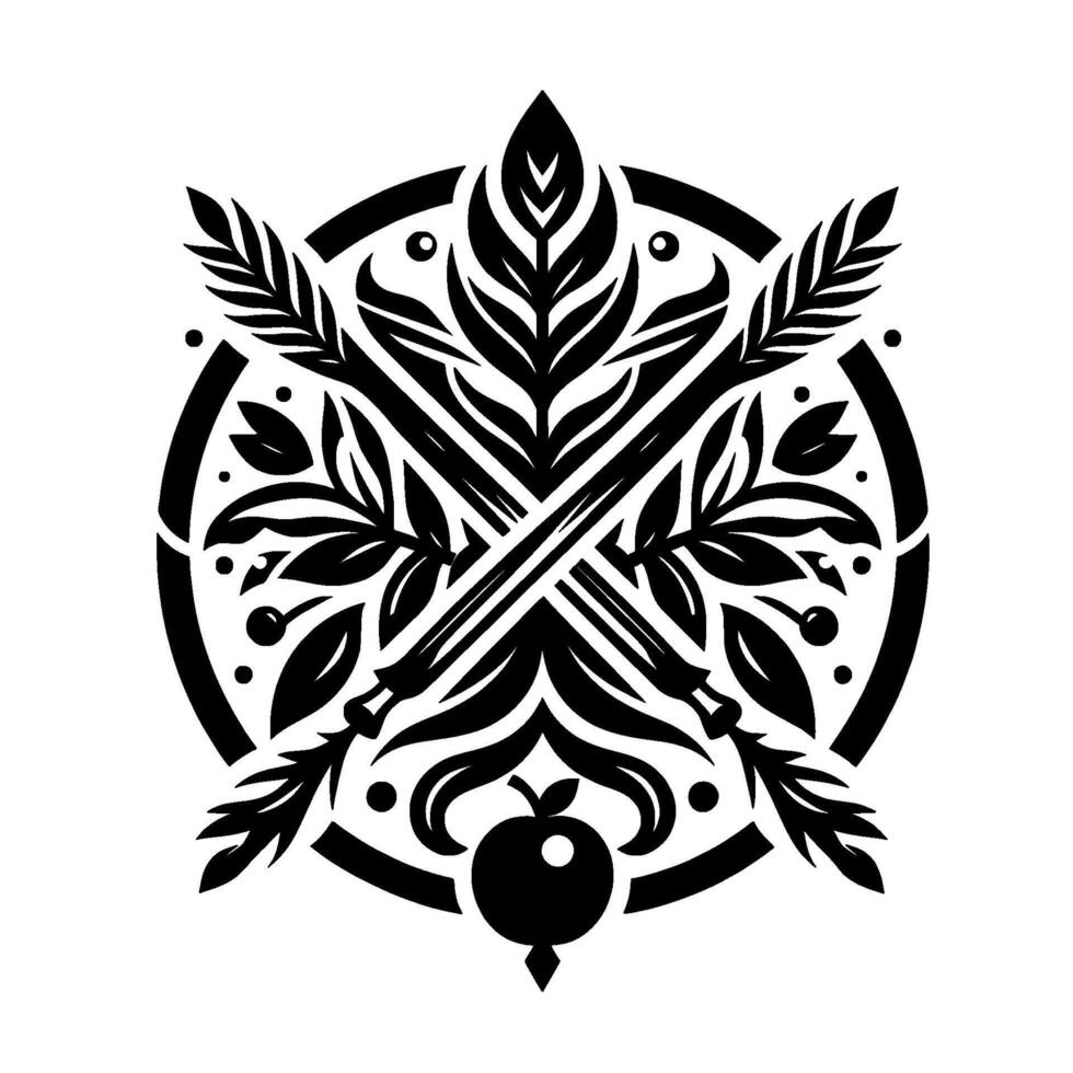 Symmetrical Black and White Crest Crossed Swords and Foliage, Apple Motif, Circular Composition. vector