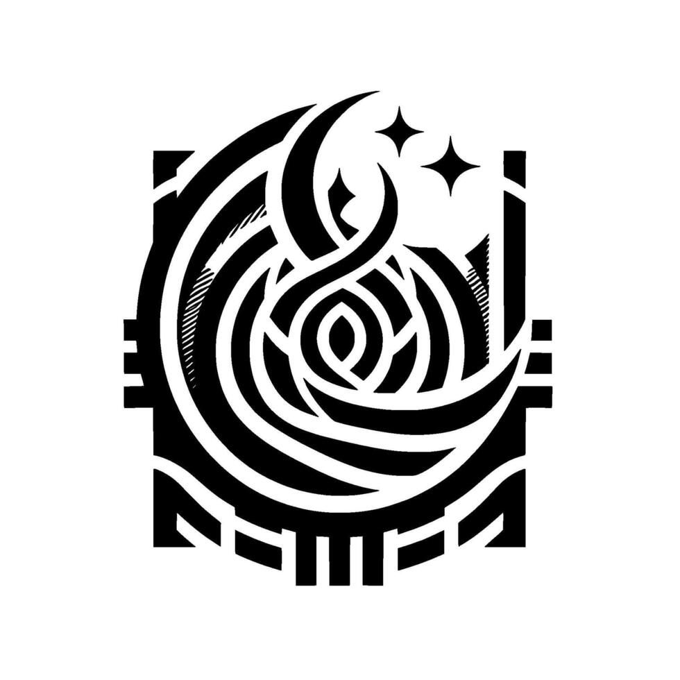 Abstract Black and White Geometric with a Crescent Moon, Central Swirls, Stars, and a Rectangular Frame. vector