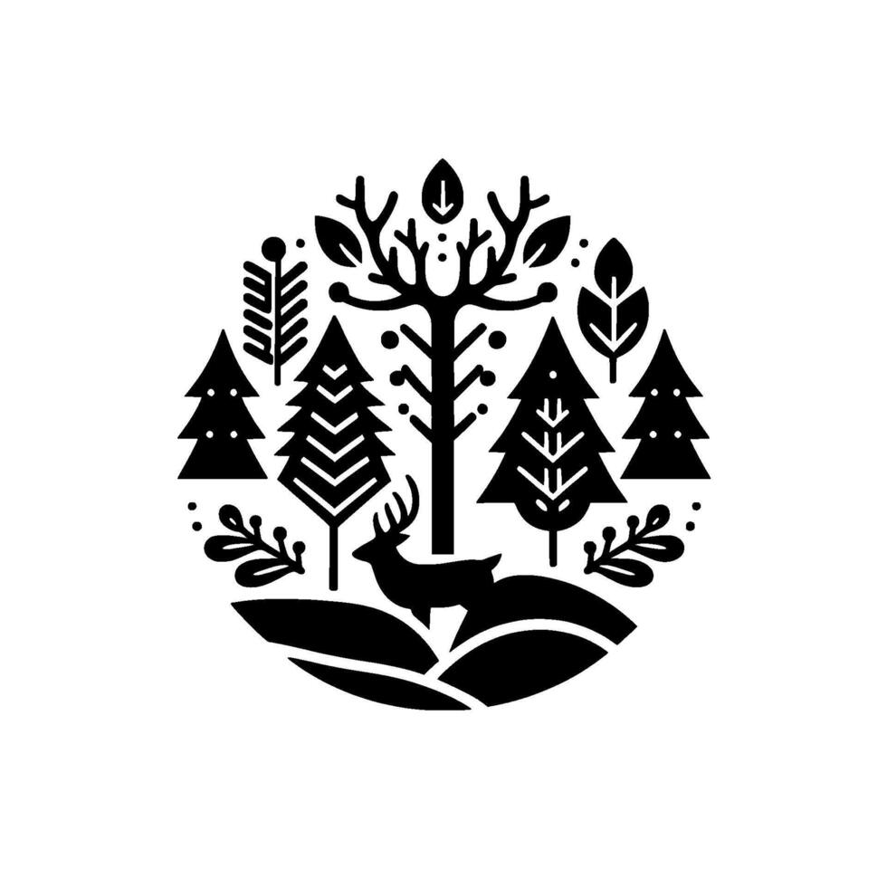 Monochrome Silhouette of a Forest Scene Deer Among Trees, Bushes, and Foliage Encased in Oval Composition. vector