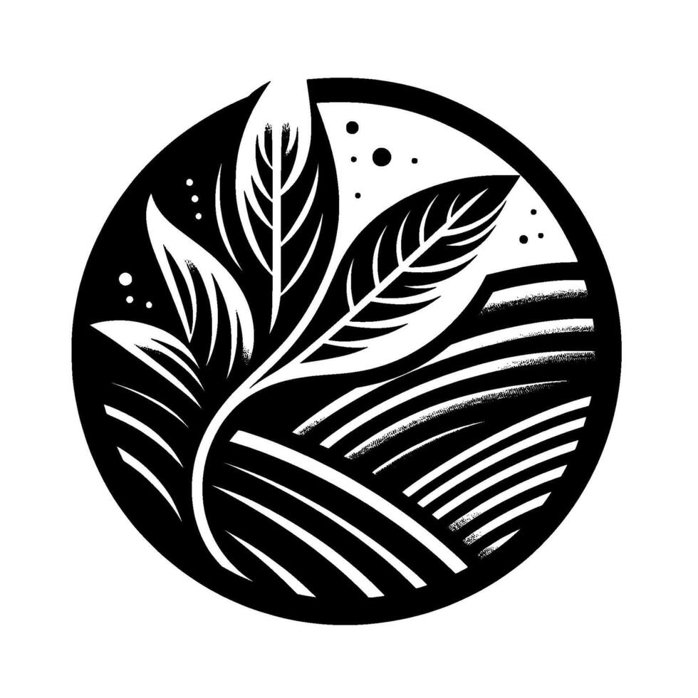 Circular, stylized illustration of a plant with large leaves set against a textured field, evoking natural growth within a defined space, in monochrome. vector