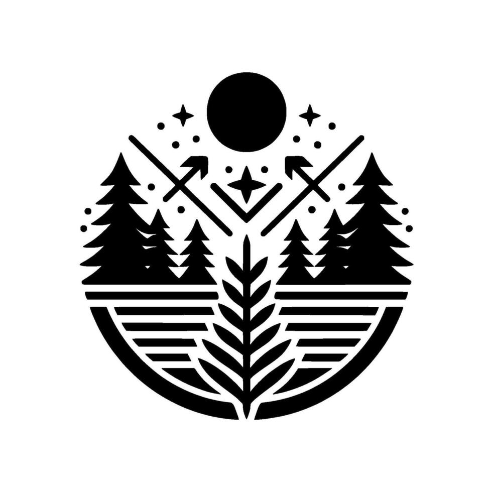 A minimalist black and white naturethemed , featuring a stylized forest scene within a circle. Elements include trees, moon, stars, and arrows. vector