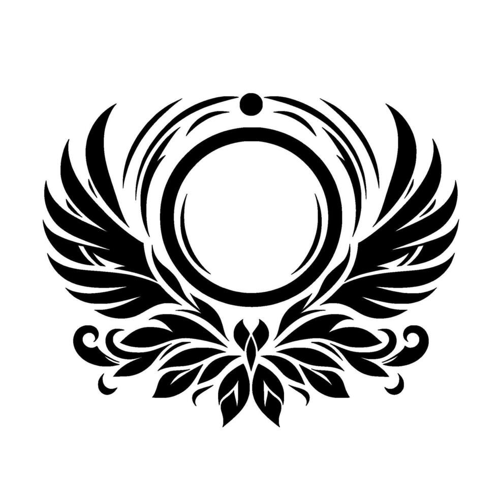 Black and white symmetrical features a central circle, framed by stylized wings, floral elements and concentric arcs, creating a decorative emblem. vector