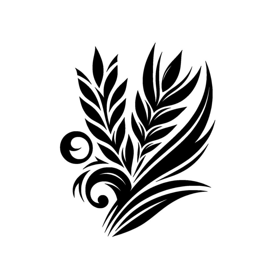 Elegant Black and White Floral Motif Symmetrical Featuring Leaves, Spirals, and Flourishes on a Clean White Backdrop. vector