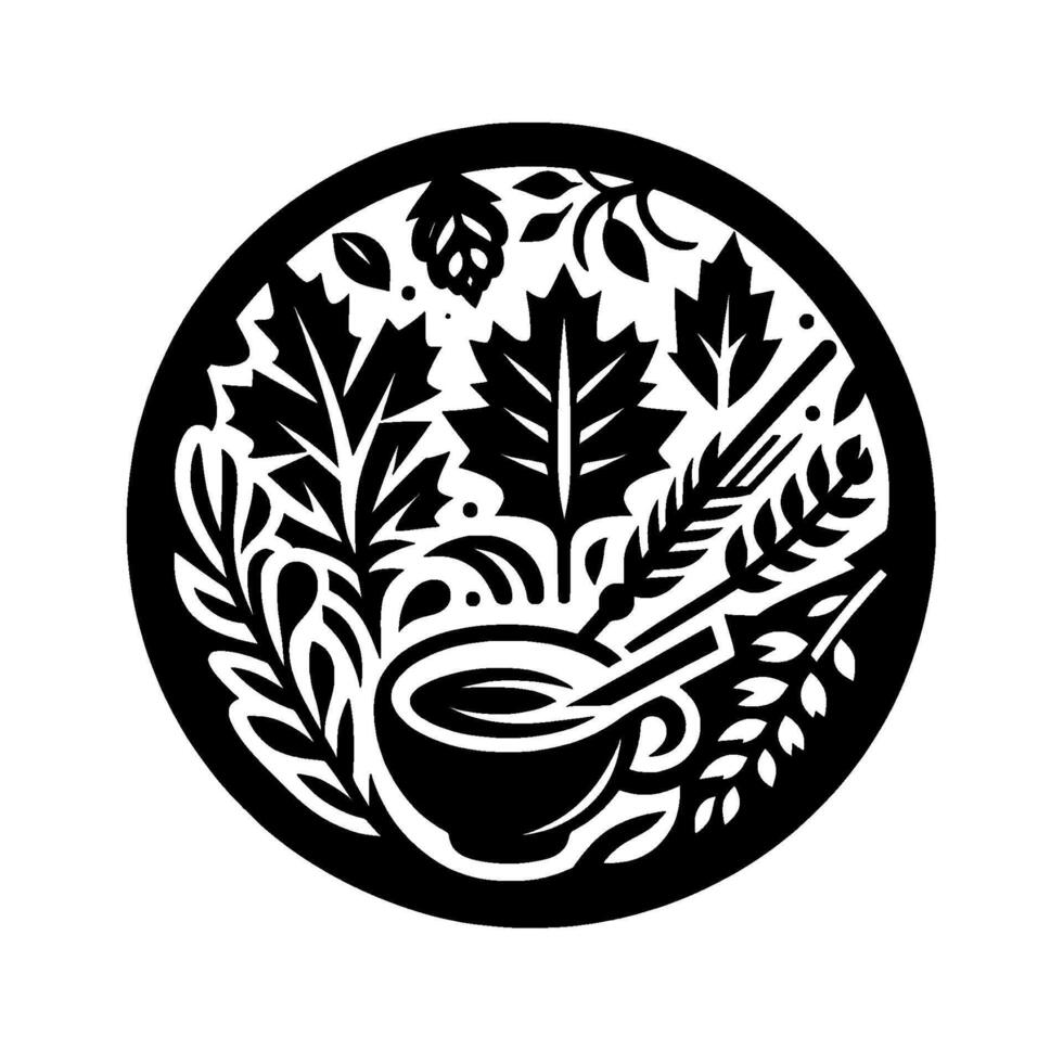 Intricate black and white circular illustration featuring leaves, wheat, hops, a mortar and pestle, suggesting natural remedies or herbal ingredients. vector