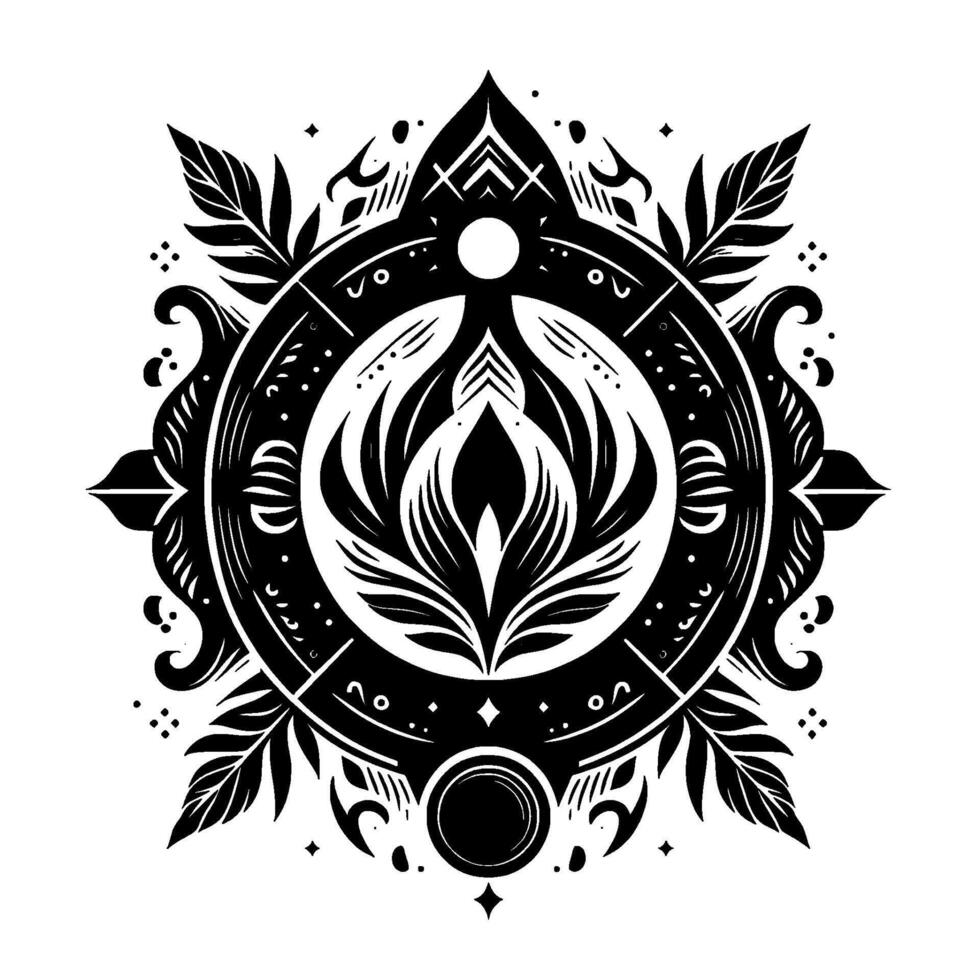 Intricate Black and White Floral Mandala Featuring Organic Curves, Symbolic Elements, and Ornate Detail. vector