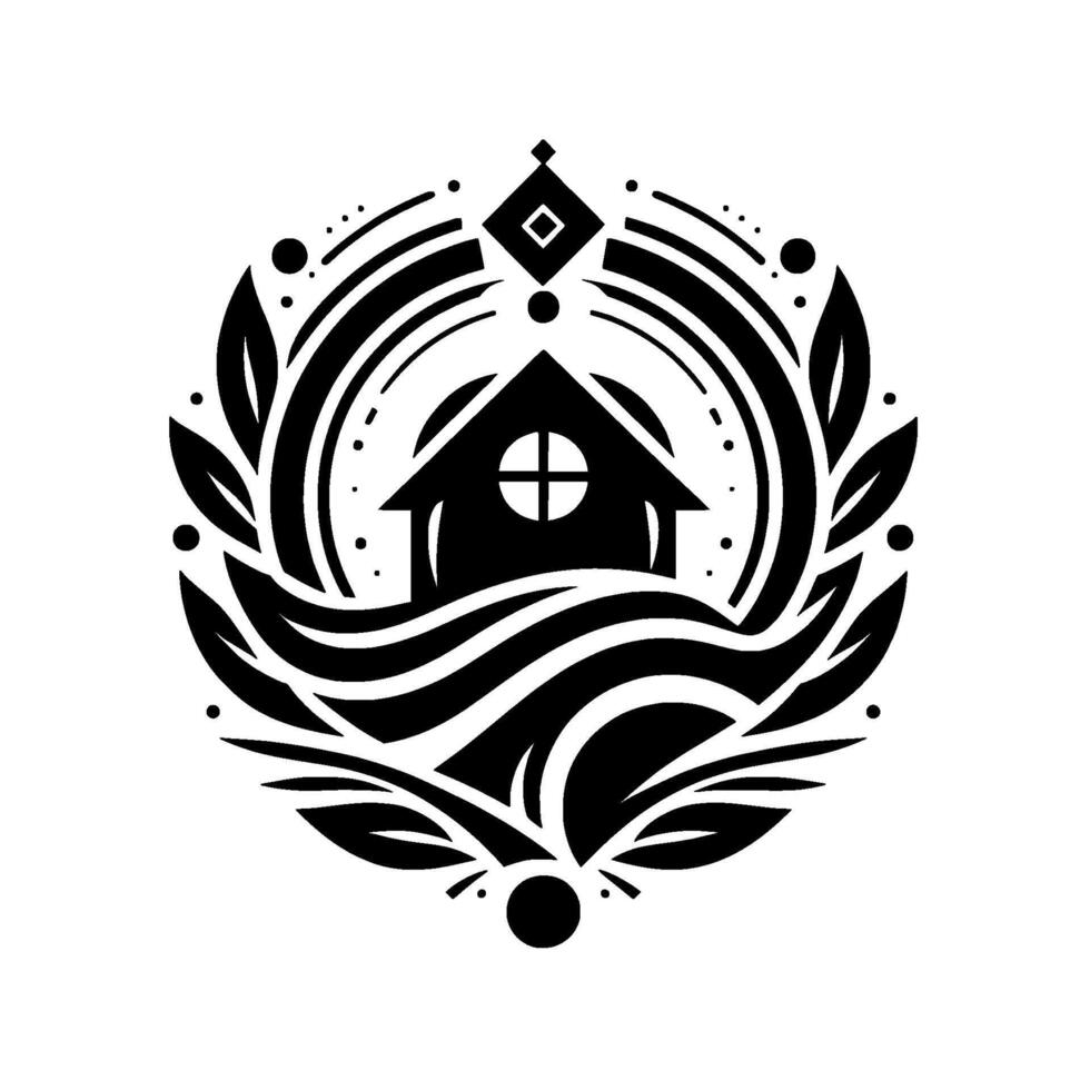 Stylized monochrome emblem A house nestled within waves and leaves, encapsulated in a circular , offering a serene and minimalist aesthetic. vector