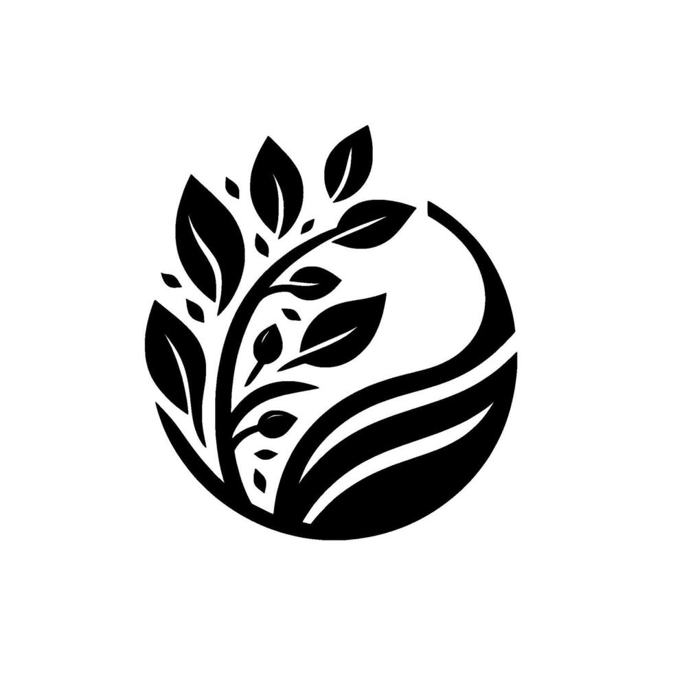 Minimalist Black White A stylized plant with leaves within a circle, conveying nature growth. vector