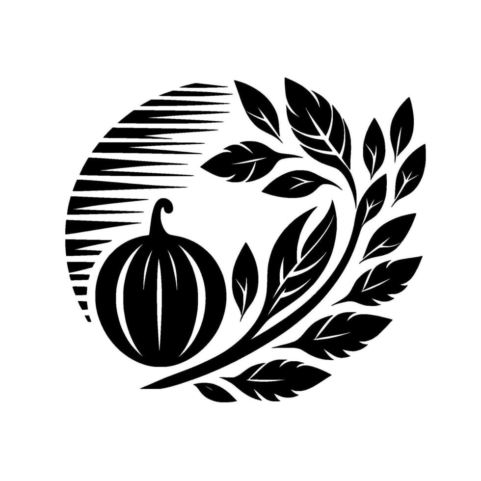 Elegant Black and White Illustration of a Pumpkin and Foliage Within a Circular , Evoking Autumnal Harvest. vector
