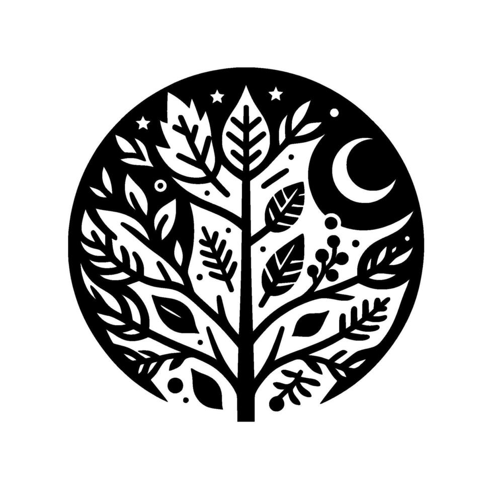 Intricate black and white circular illustration of a stylized tree, moon, and stars, with detailed leaf and branch patterns. vector