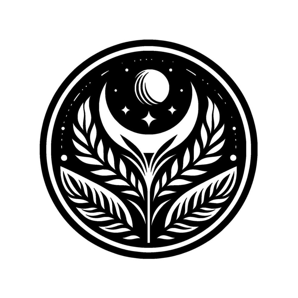 Mystical Circular Emblem Crescent Moons, Celestial Orbs, Starry Nightscape, Foliage, Black and White vector