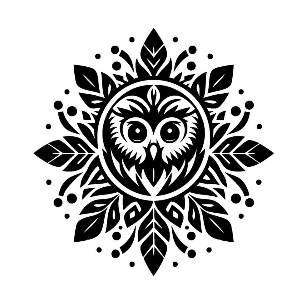 Intricate Black and White Mandala Featuring an Owls Face Surrounded by Stylized Leaves and Dots on a White Background vector