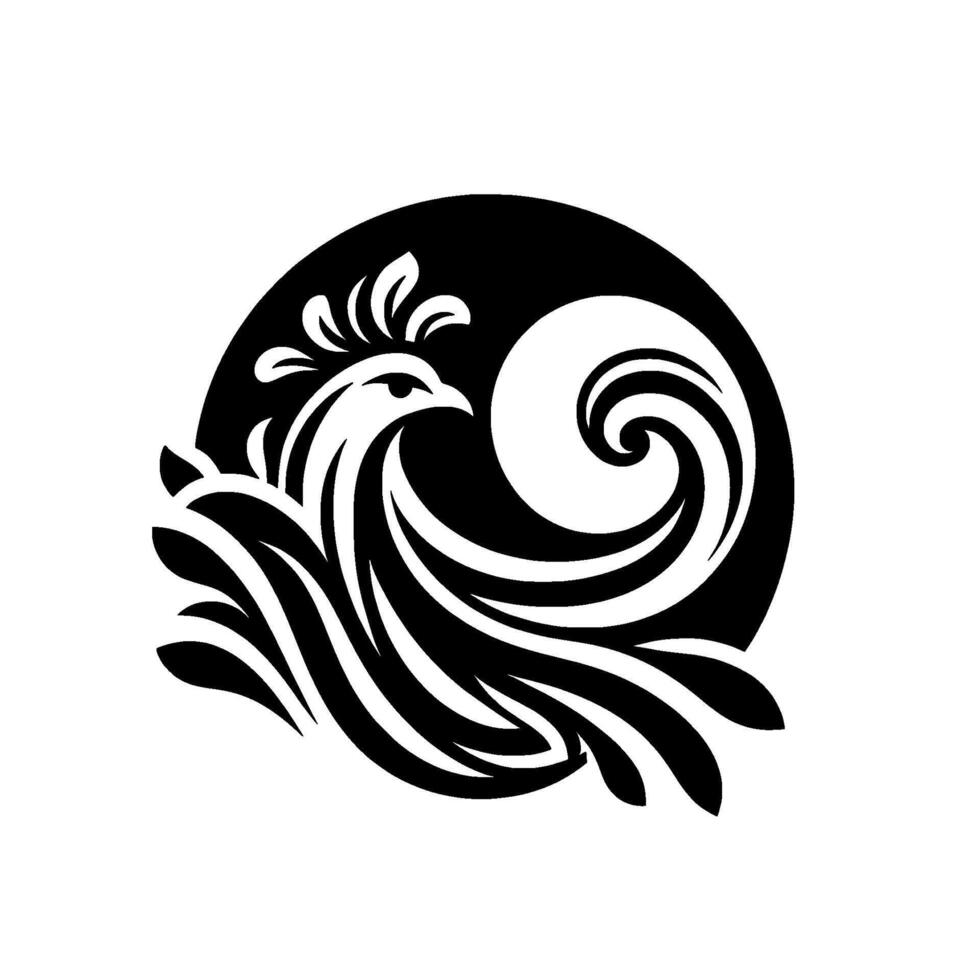 Stylized Black White Phoenix A streamlined avian within a circular frame, with a flowing, wavelike tail motif for a modern and elegant aesthetic. vector