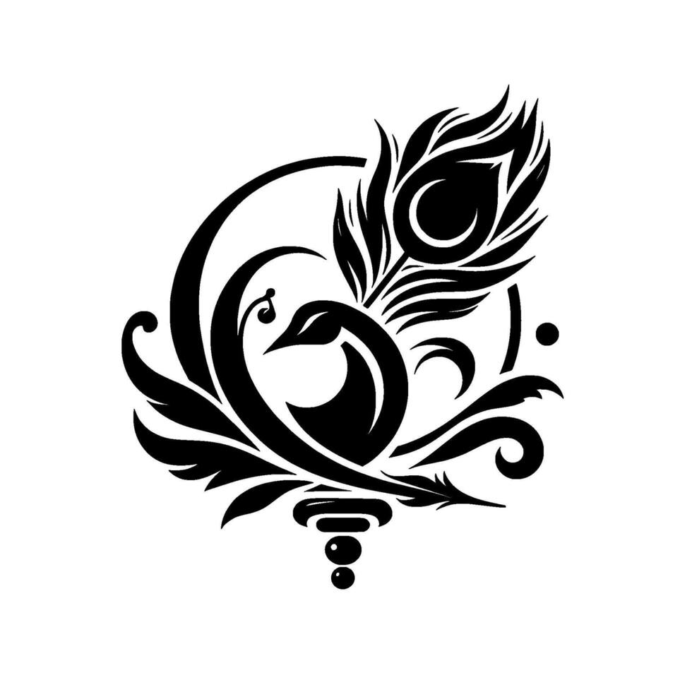 Elegant Black and White Peacock Composition with Intricate Feather and Swirling Foliage Against a Clean Backdrop. vector